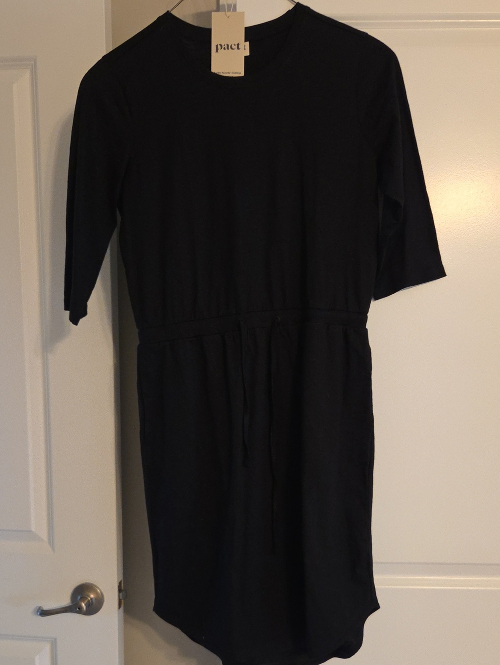 NWT Pact Black Midi Drawstring-Waist Dress - Small